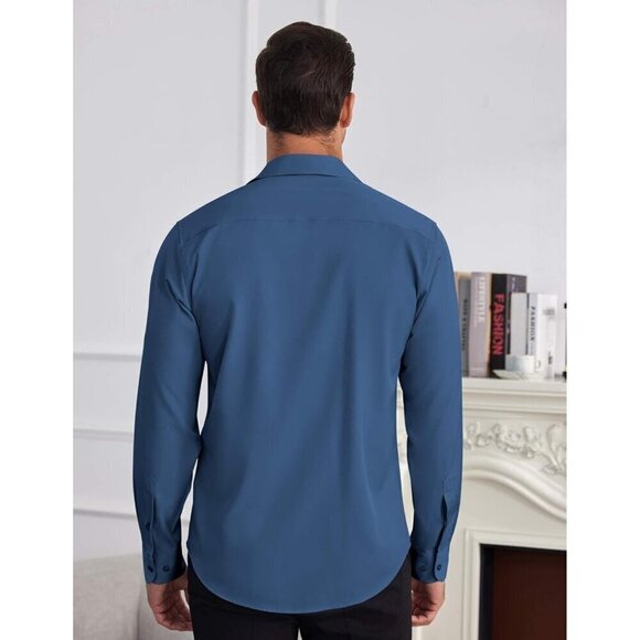 Men Blue Shirts Wrinkle Free Long Sleeve Button Down Shirt Formal Dress Shirt - Picture 4 of 6